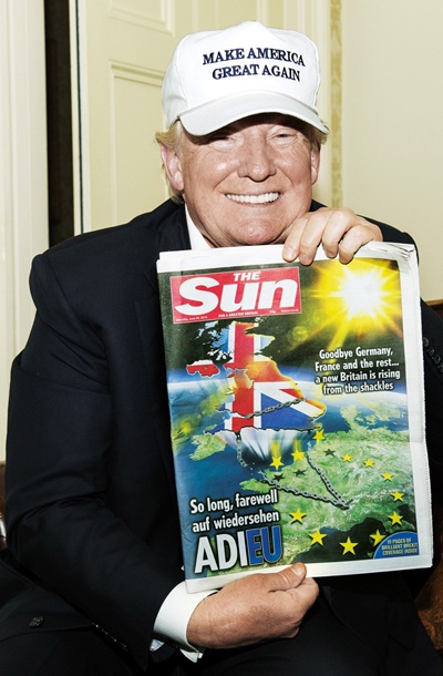 Britanci so posvojili Trumpov predvolilni slogan. »Naredimo Ameriko spet veliko« je postal »Naredimo Britanijo spet veliko«. Trump je bil nad rezultatom referenduma seveda navdušen.