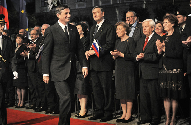Trije predsedniki Slovenije na  državni proslavi ob 25. obletnici osamosvojitve: Borut Pahor, Danilo Türk in Milan Kučan 