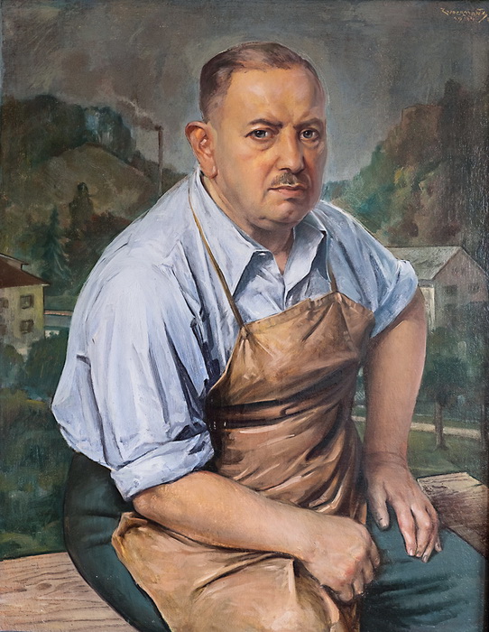 Slikar Stane Cuderman je leta 1934 tovarnarja Knaﬂ iča portretiral v opravi delavca v usnjarni in ne kot gospoda v naslanjaču.