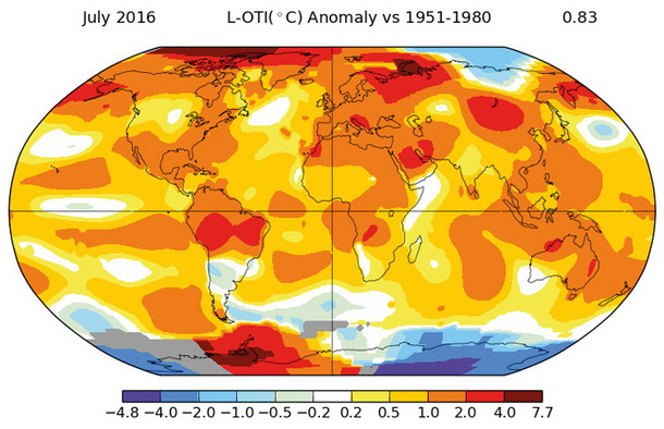 Graf prikazuje odstopanje julijskih temperatur od povprečja med letoma 1951 in 1980.