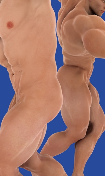 Zloščen lak, medenino in pozlato na kamnu obdajajo hiperrealistične slike močnih, golih moških teles; dovolj močnih, da ostanejo produktivna in konkurenčna.