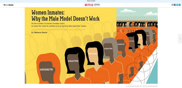 Oglasni članek v New York Timesu za novo sezono nadaljevanke o ženskih zapornicah Orange is the New Black spletnega ponudnika Netﬂix.