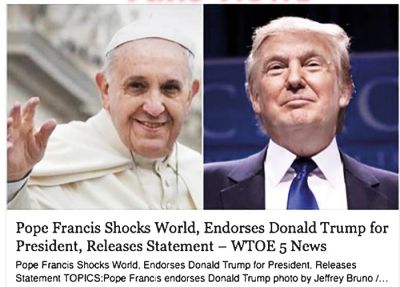 Na spletu najbolj brana in komentirana novica iz časa ameriške predvolilne kampanje je bila lažna novica, da je papež podprl Trumpa za predsednika. 