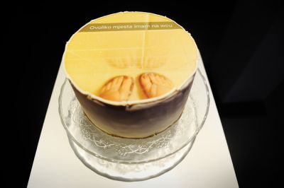 Spletno minljivost so na odprtju razstave v Aksiomi simbolizirale torte, ki so predstavljale odštevalnik časa v spletni aplikaciji Snapchat, kjer objave po ogledu izginejo.