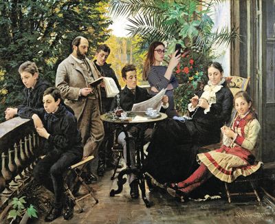 Realistično sliko Pedra Severina Kroyerja je predelala tako, da je vanjo dodala svojo podobo in novo delo naslovila The Hirschsprung and Škrabo family (1881).