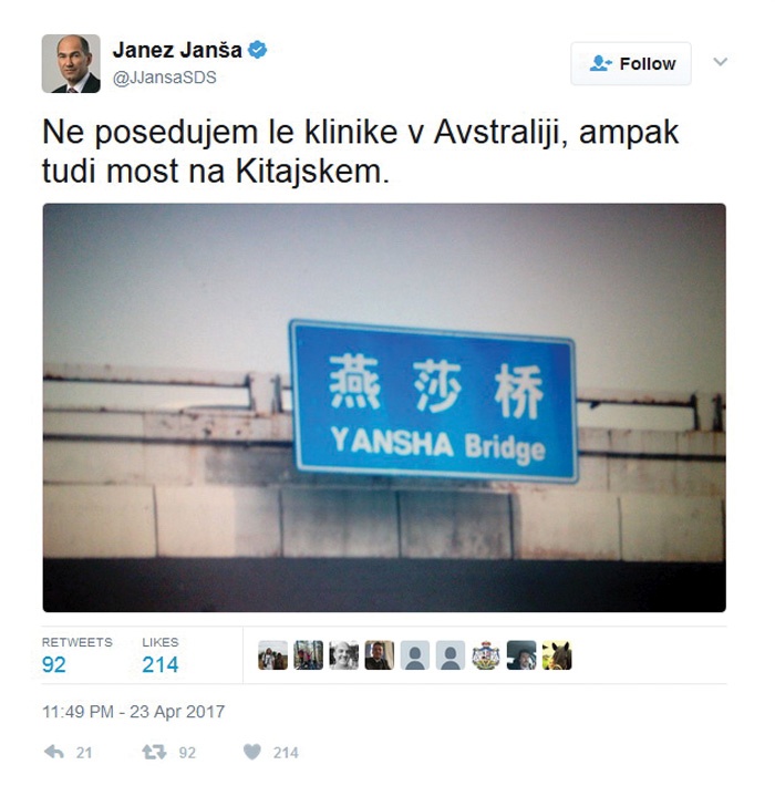 Tvit Janeza Janše: Jansha bridge – Most v Pekingu.
