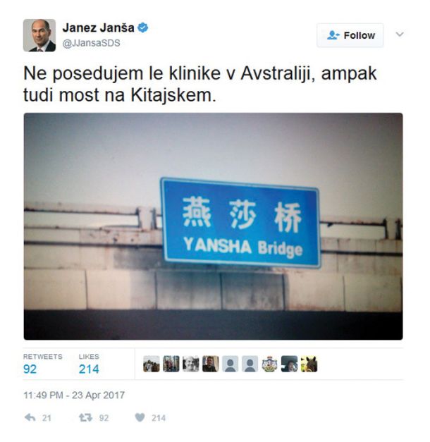 Tvit Janeza Janše: Jansha bridge – Most v Pekingu.
