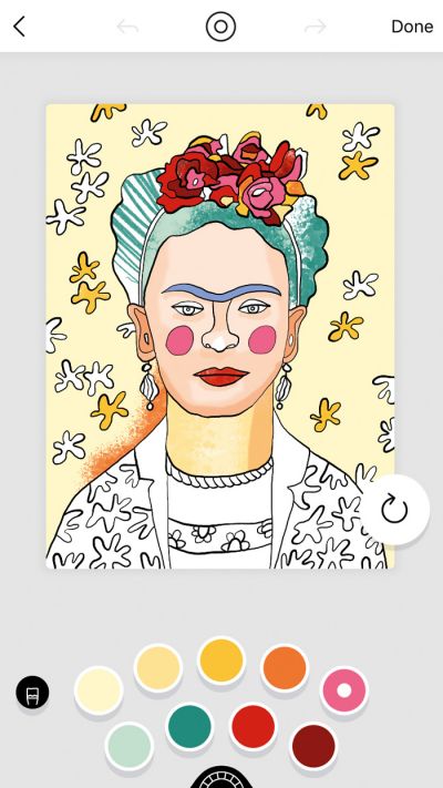 Frida Kahlo, pobarvana v odtenkih, ki jih priporoča njena avtorica, nizozemska ilustratorka Nelleke Verhoeﬀ 