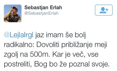 Tvit novinarja Sebastjana Erlaha, ki po mnenju pravosodnih organov ni sovražni govor