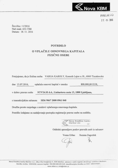 Potrdilo o tem, da je Varga Karoly lanskega novembra  v dobro medijske hiše Nova24Tv nakazal 800.000 evrov.