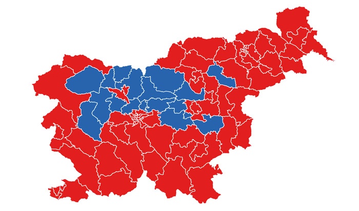 Rdeče-moder volilni močerad. V rdečih volilnih okrajih je zmagal Borut Pahor, v modrih Marjan Šarec.