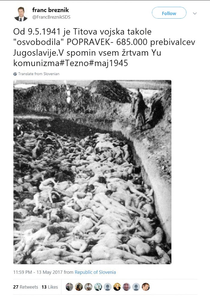 Poslanec SDS Franc Breznik je objavil fotografijo množice trupel, ki naj bi prikazovala povojne poboje v Sloveniji. Na podobi so množična grobišča umorjenih Judov, ki so jih pobili Nemci.