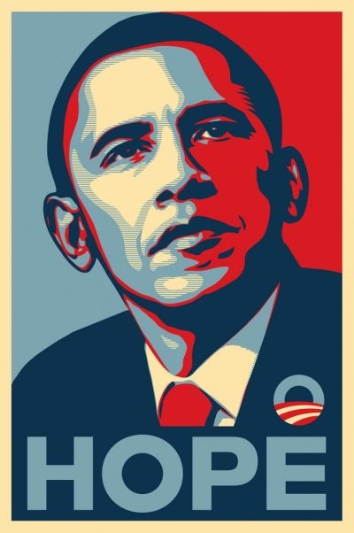 Originalni plakat Baracka Obame za volitve leta 2008, ki ga je oblikoval Shepard Fairey