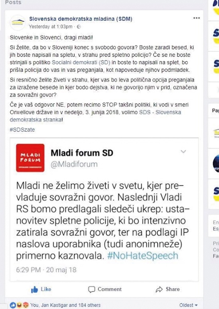 Podmladek SDS v sovražnem govoru vidi svobodo izražanja