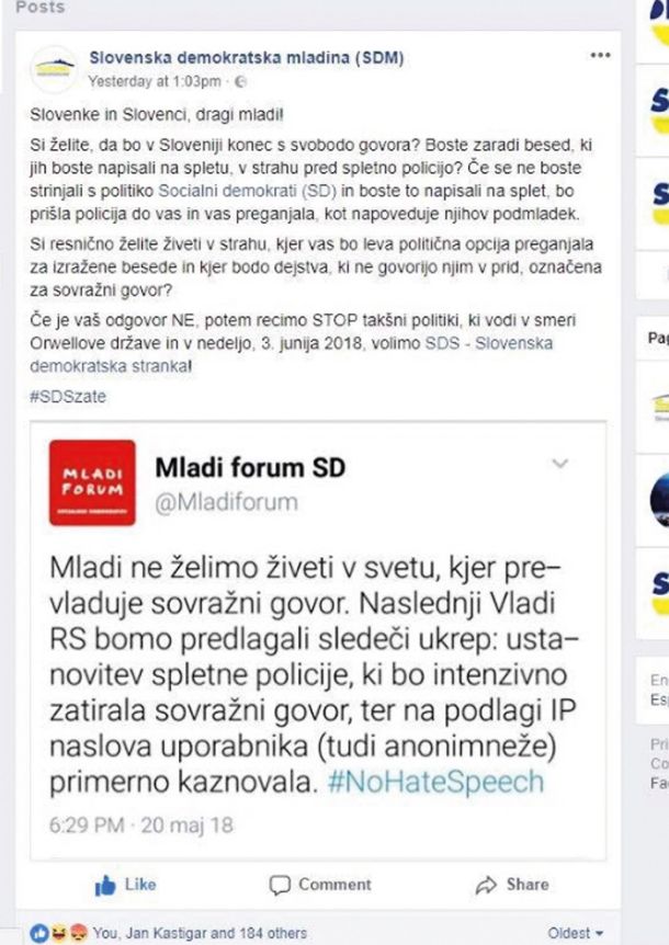 Podmladek SDS v sovražnem govoru vidi svobodo izražanja