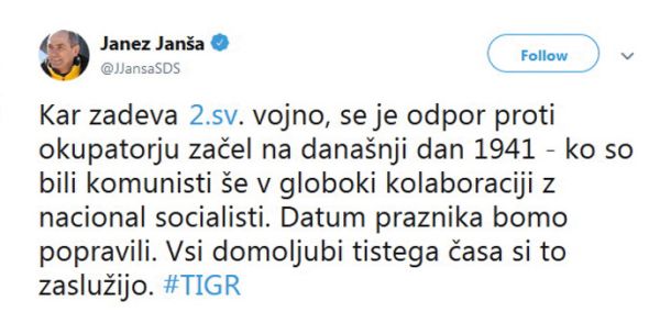 Janšev tvit, s katerim je spet napovedal  željo po spreminjanju zgodovine