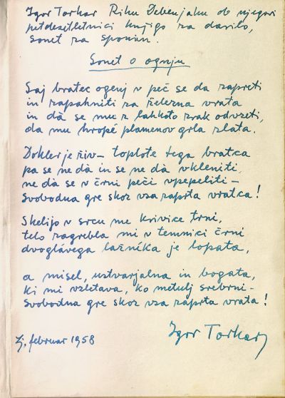 Sonet, ki ga je prijatelju Riku Debenjaku napisal Igor Torkar; pozneje je predrugačenega objavil v zbirki Jetniški soneti.