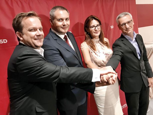 Ministrska ekipa SD: Dejan Prešiček, Andreja Katič, Jernej Pikalo in novi predsednik državnega zbora, Dejan Židan 