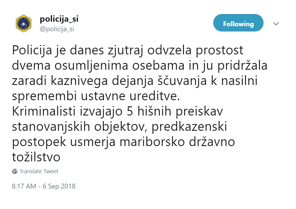 Objava policije na Twitterju