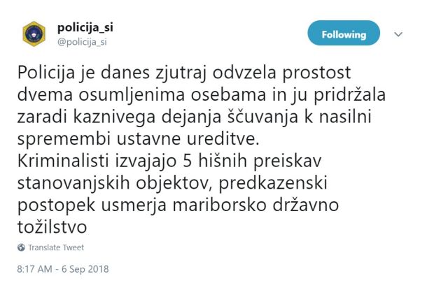 Objava policije na Twitterju