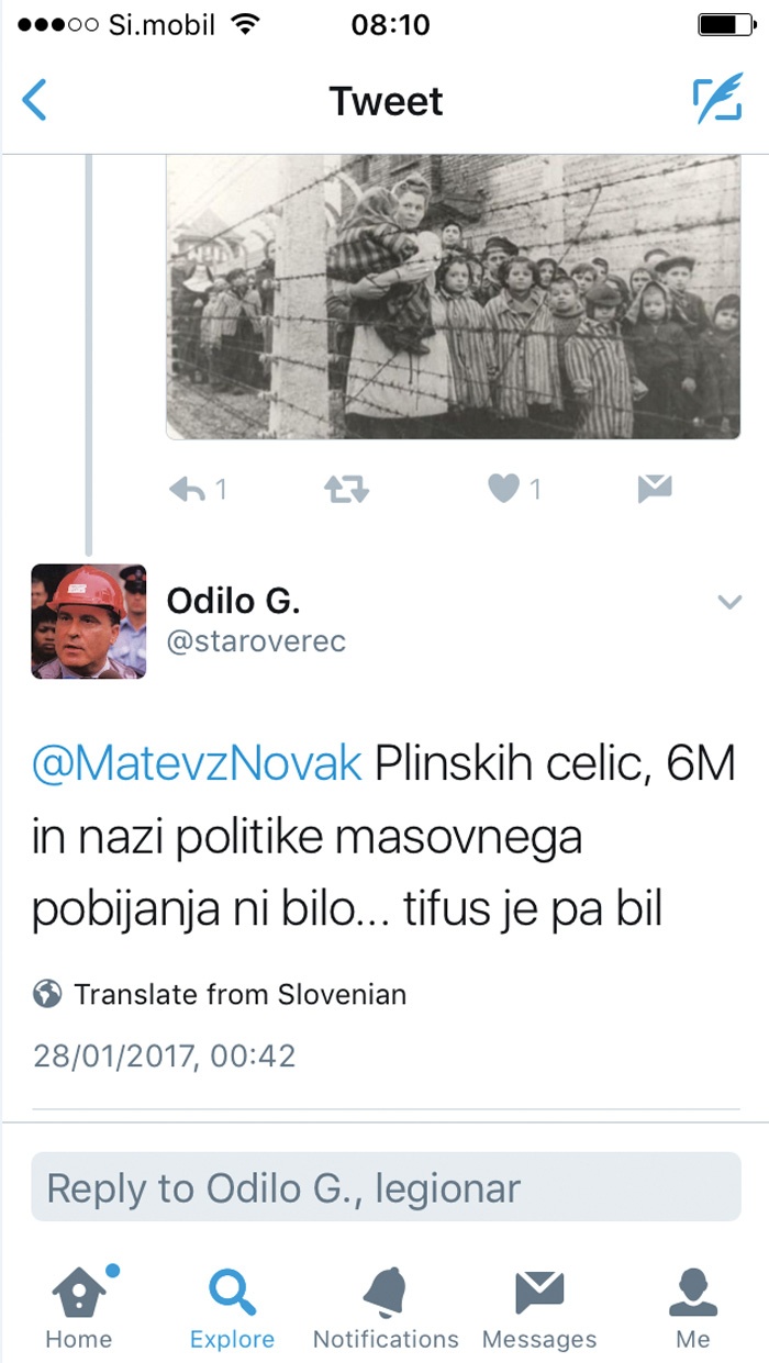 Uporabnik, ki se označuje za Odila G., je nekajkrat zanikal holokavst. Ovadbo zoper njega je na policijo vložil ZRC SAZU, a okrožno državno tožilstvo jo je zavrnilo, ker »naznanjeno dejanje ni kaznivo dejanje«.