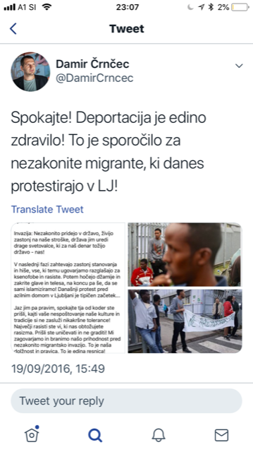 Avtorjev račun in tvit, prilepljen na začetek že od 19. septembra 2016: edina rešitev za begunce je deportacija