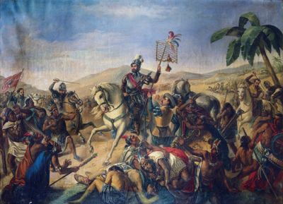 Hernán Cortés v bitki proti Aztekom pri Otumbi v današnji Mehiki leta 1520 