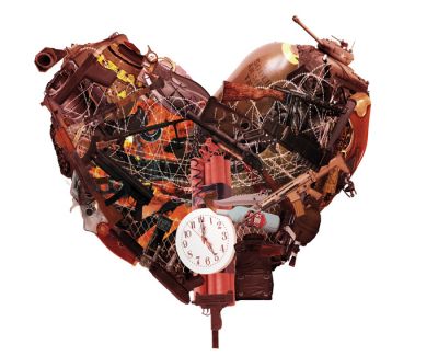 Srce, eden od kompleksnih kolažev Uroša Abrama iz knjige Samoumevni svet,  ki so trenutno na ogled na razstavi Samoumevnosti.