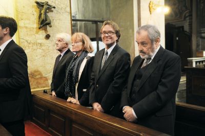 Naši ustavni sodniki pri rdeči maši leta 2014: Mitja Deisinger, Jan Zobec z ženo in Ernest Petrič 