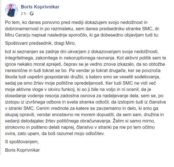 Zapis nekdanjega ministra na Facebooku