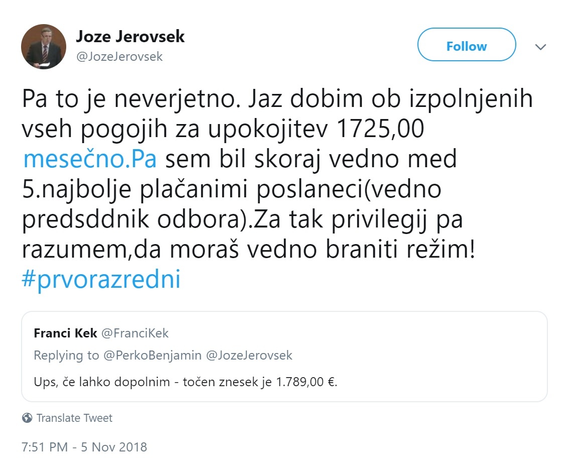 Jože Jerovšek je nasedel na provokacijo Francija Keka in razkril višino svoje pokojnine