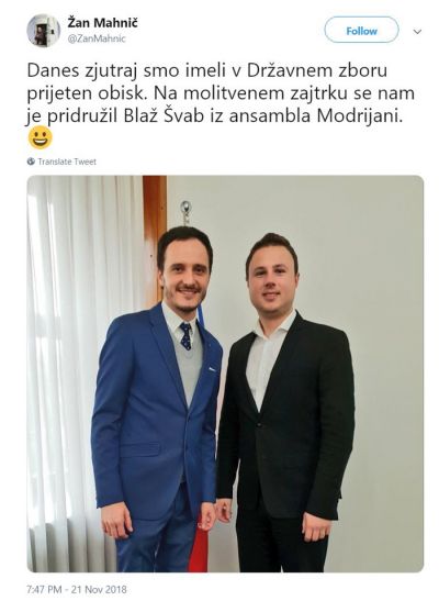 Twit poslanca SDS Žana Mahniča, s katerim se je javno pohvalil, da je bil na molilnem zajtrku skupaj s pevcem Modrijanov