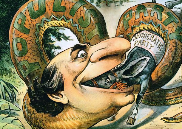 Karikatura v ameriški reviji Judge je že leta 1896 opozarjala pred populizmom, ki na podobi v obliki  Williama Jenningsa Bryana žre lastno demokratsko stranko