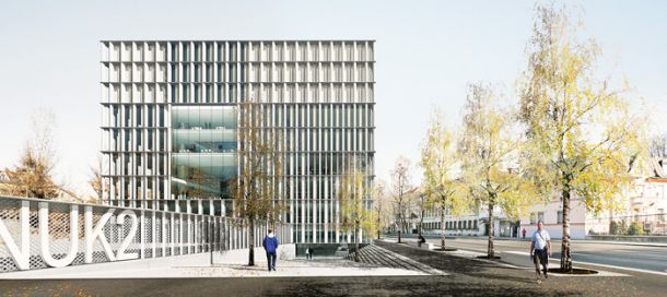 Stavba nove Narodne univerzitetne knjižnice, kakršna naj bi bila nekoč v neki daljni prihodnosti 