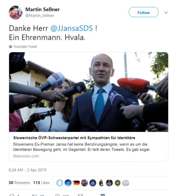Tvit, s katerim se je vodja avstrijske Generacije Identitete Martin Sellner zahvalil Janezu Janši