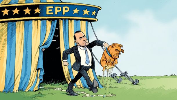 Karikatura Economista, objavljena prejšnji mesec. Iz cirkusa Evropske ljudske stranke so odstranili podelanega psa Orbána.