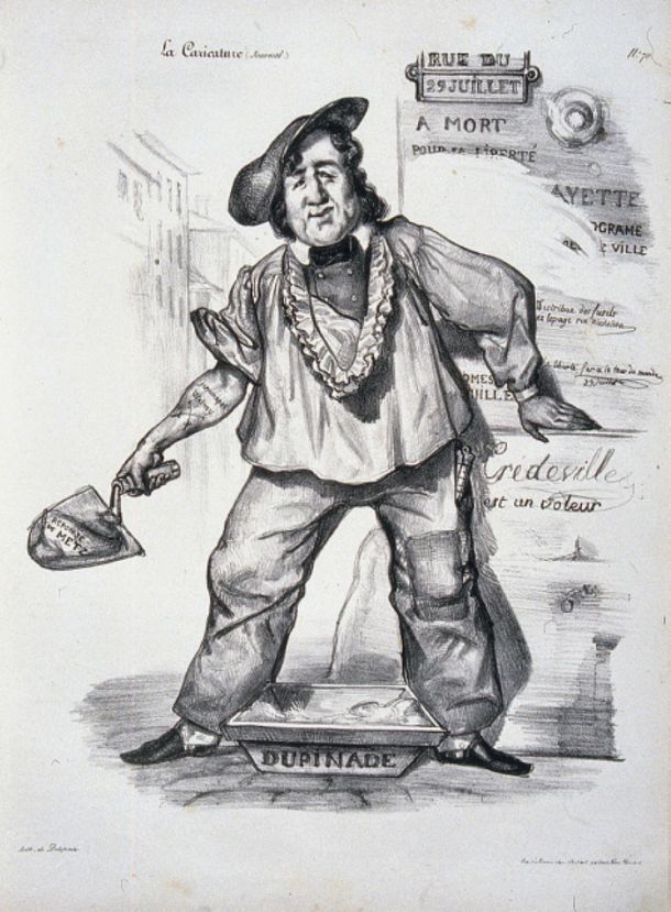 Karikatura – Replàtrage, objavljena v časopisu La Caricature 30. junija 1831. Naslov govori o ’krpariji’ in karikatura kaže, kako kralj z mavcem prekriva manifest zapisanih načel, zahtev in pridobitev julijske revolucije. Zaradi nje je moral avtor Charles Philipon v zapor.