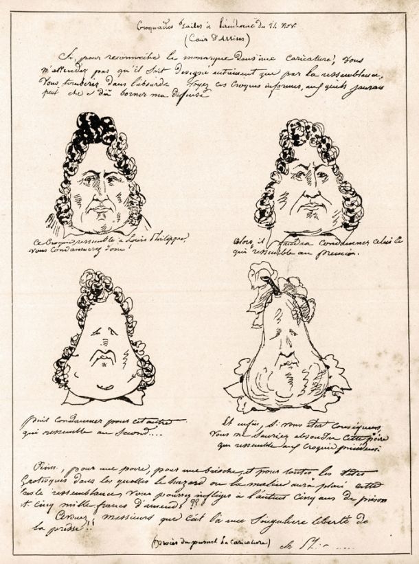 Skica, na kateri se francoski kralj spreminja v hruško. Med sojenjem jo je narisal Charles Philipon, kasneje je bila objavljena v ilustriranem časopisu La Caricature, po Philiponovi risbi jo je za tisk izrisal Honoré Daumier.