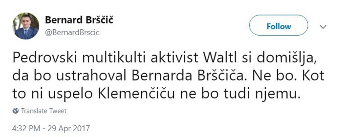 Poniževanje Judov: odgovor Brščiča na kazensko ovadbo, ki ga je zaradi kaznivega dejanja spodbujanja nasilja, sovraštva in nestrpnosti proti njemu vložil direktor Judovskega kulturnega centra Robert Waltl (Brščič je bil kasneje oproščen).