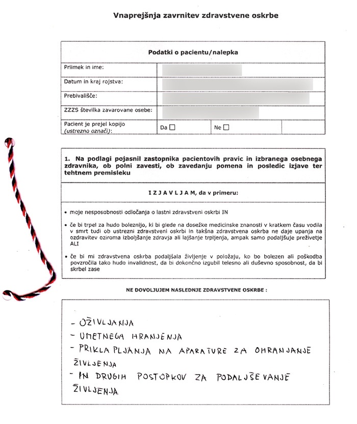 Izjava o vnaprejšnji zavrnitvi zdravstvene oskrbe, kakršno omogoča zakon o pacientovih pravicah.