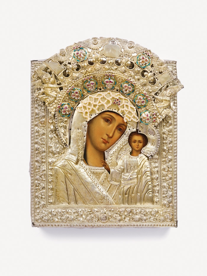 Kazanska Mati božja. Ikona v okladu. Konec 17., začetek 18. stoletja, Moskva. Državni zgodovinski in umetnostni muzej Sergiev Posad.