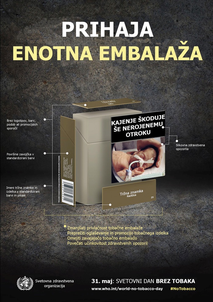 Napoved ministrstva za zdravje (iz leta 2016) o uvedbi enotne embalaže, #NoTobacco