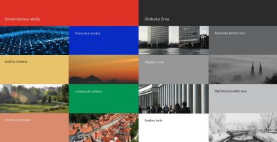 Predlog barvne sheme za novo vizualno podobo Univerze v Ljubljani.