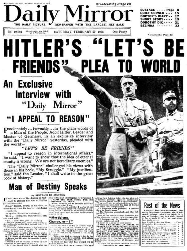 Adolf Hitler v intervjuju za angleško občinstvo leta 1936: »Bodimo prijatelji.«