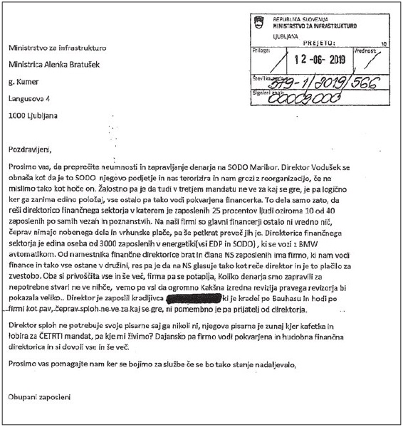 Anonimka, zaradi katere je v Sodu nastal nemir in očitno tudi hitenje k ponovni potrditvi obstoječega predsednika uprave. Predsednica nadzornega sveta Mojca Soža trdi, da ostali nadzorniki navedb v pismu niso hoteli preveriti, zadovoljili so se z ustno obrazložitvijo predsednika uprave. 