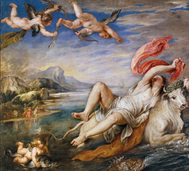 Posilstvo (ugrabitev) Evrope: Peter Paul Rubens (po motivu Tiziana, danes bi rekli plagiat), slika, 1628, muzej Prado v Madridu