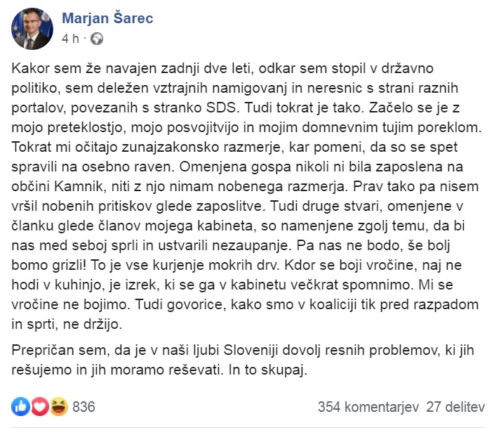 Današnji Šarčev zapis na Facebooku