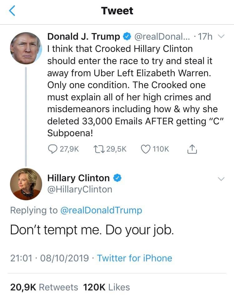 Trumpov tvit in odgovor Hillary Clinton