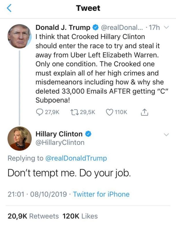 Trumpov tvit in odgovor Hillary Clinton