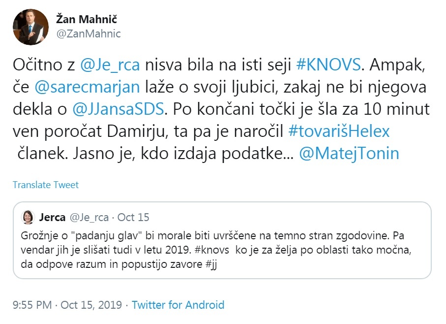 Šovinističen tvit poslanca SDS Žana Mahniča 